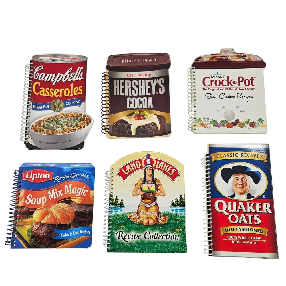 6 Diecut Spiral Cookbooks Campbell Hershey Crock-Pot Quaker Lipton Land of Lakes